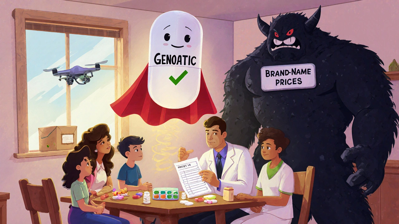 A family and pharmacist use a pill organizer and printed list, with a superhero generic pill protecting them from high costs.