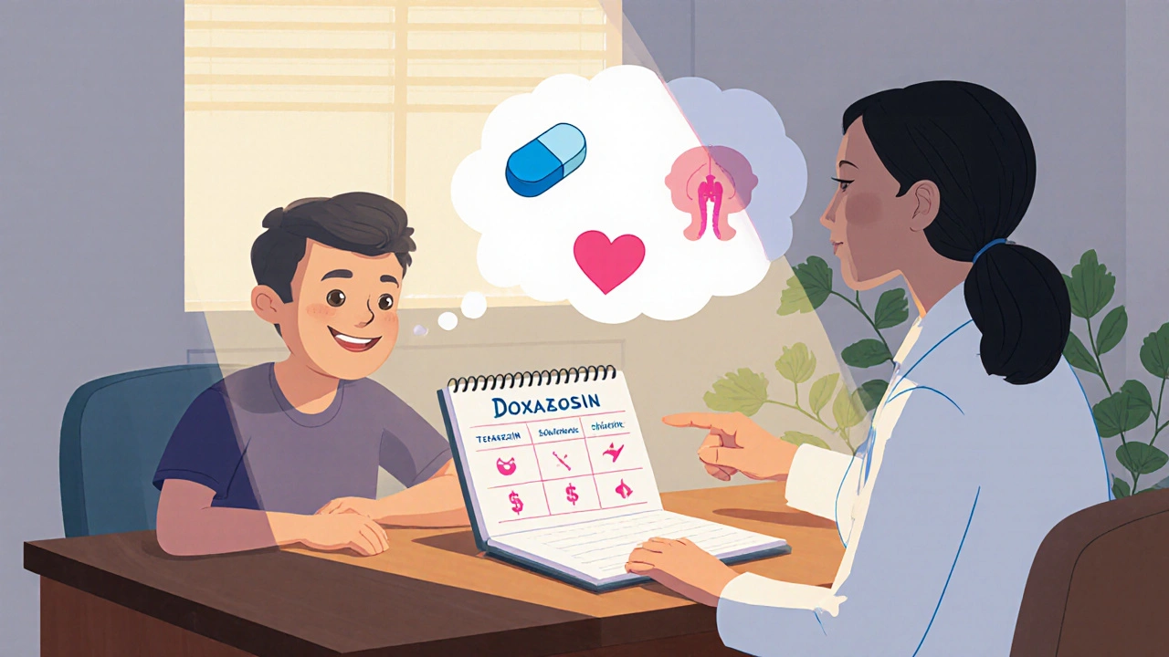 A patient and doctor discuss medication options at a desk with cost and side‑effect charts in a cartoon setting.