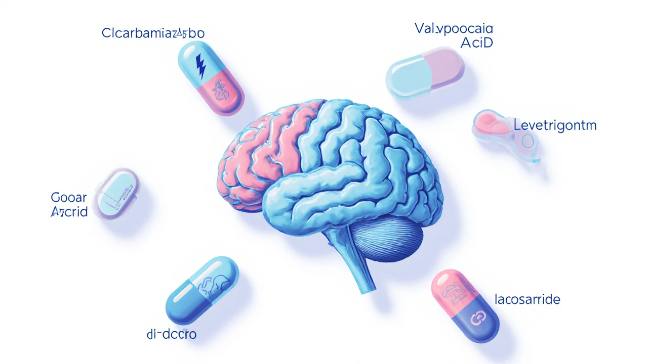 Brain model surrounded by colorful capsules representing six alternative anti‑seizure drugs.