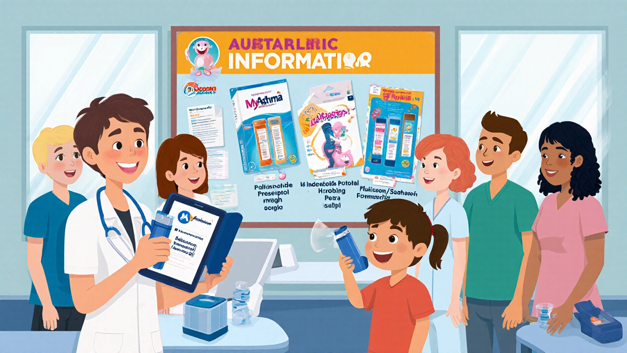 Cartoon Australian clinic showing patients, pharmacist, app, peak flow meter, and inhaler comparison board.