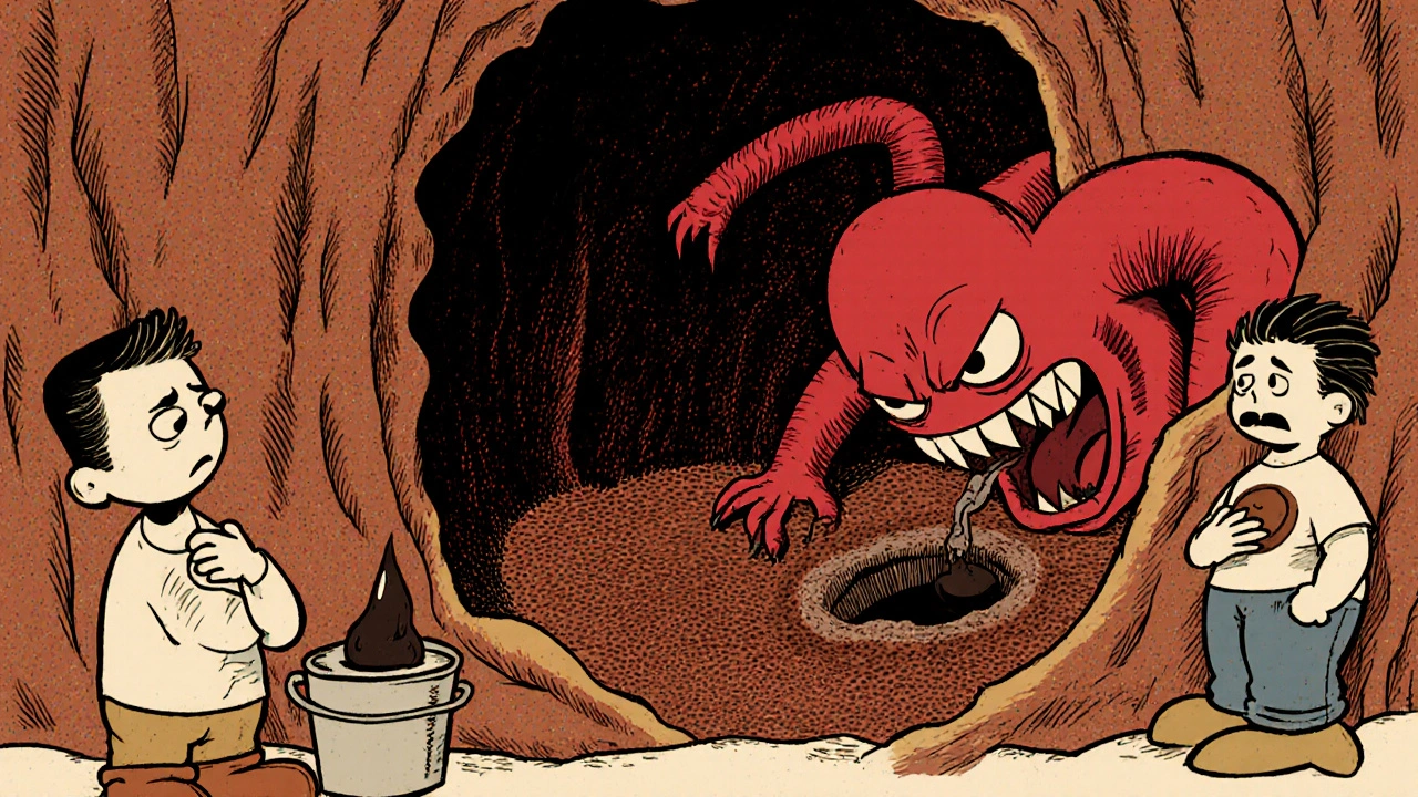 Cartoon stomach interior shows acid monster creating ulcer and dark stool droplet indicating bleeding.