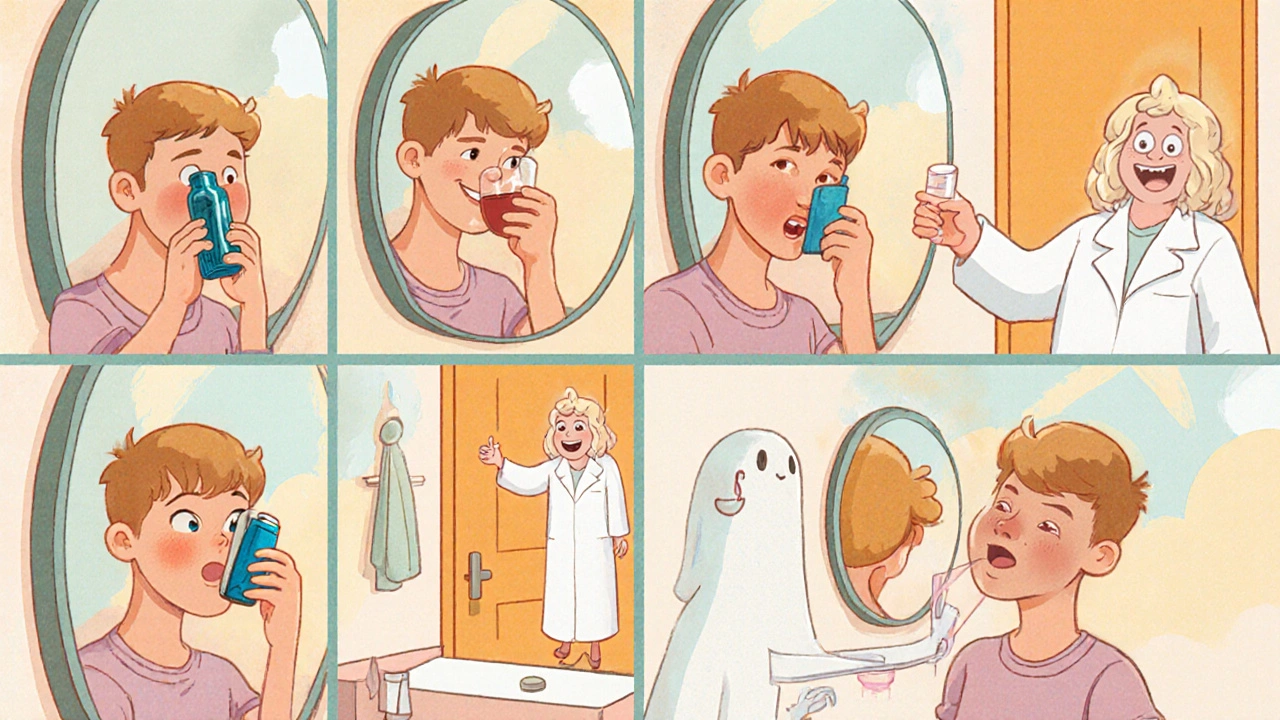 Cartoon teen follows inhaler steps with mirror and pharmacist guidance, showing correct technique.