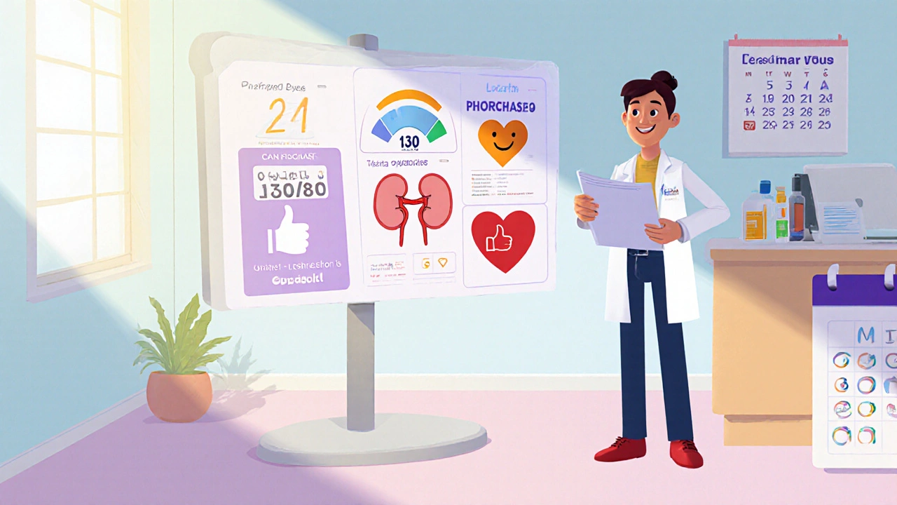 Character checks blood pressure, kidney and heart icons with pharmacist, celebrating success.