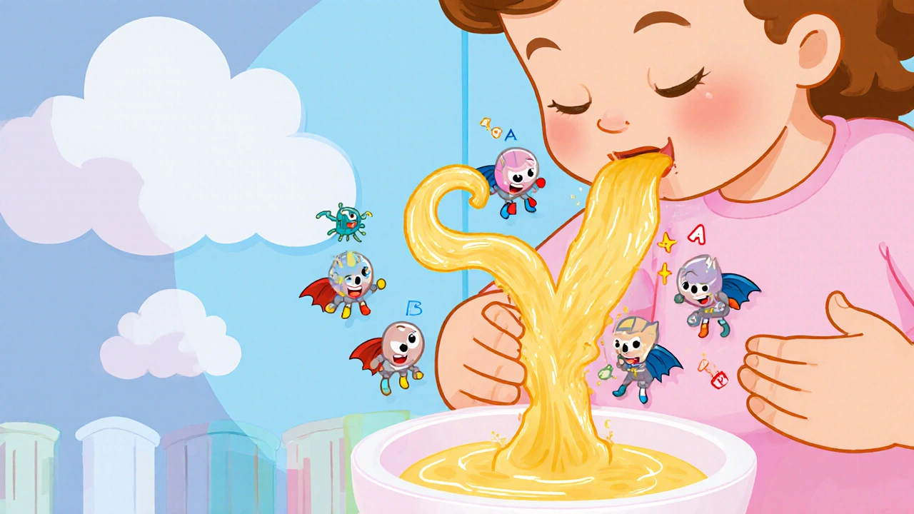 Close‑up of baby nursing, animated antibodies battling germs.