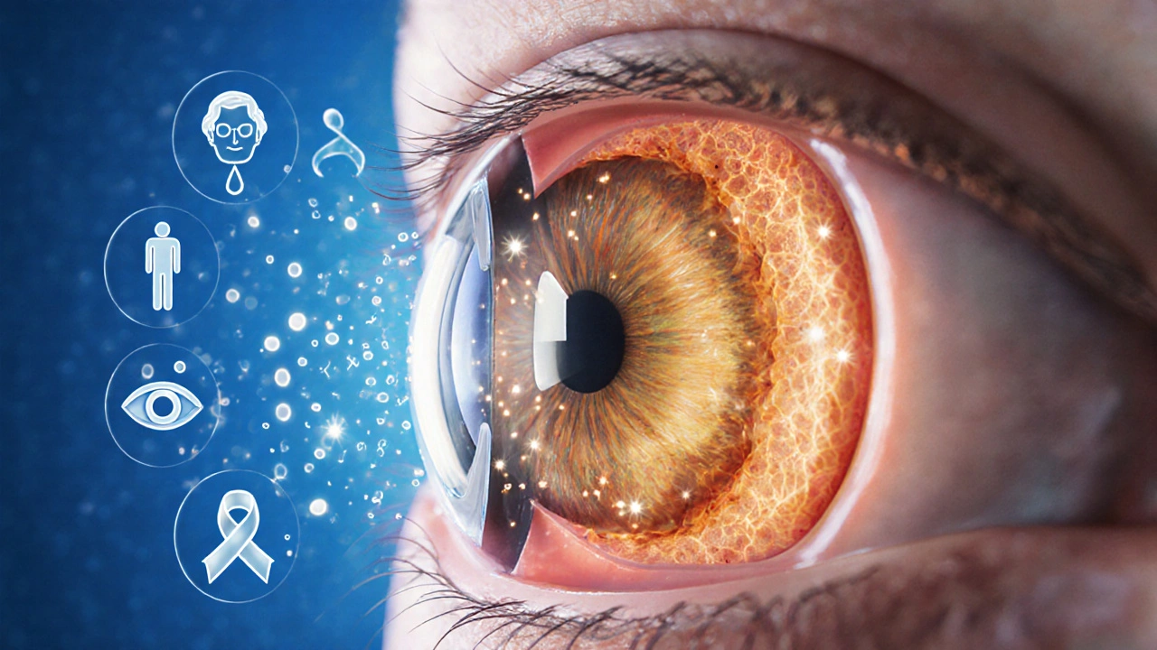 Cross‑section illustration of a post‑LASIK cornea with swelling, cytokine particles, and white blood cells.