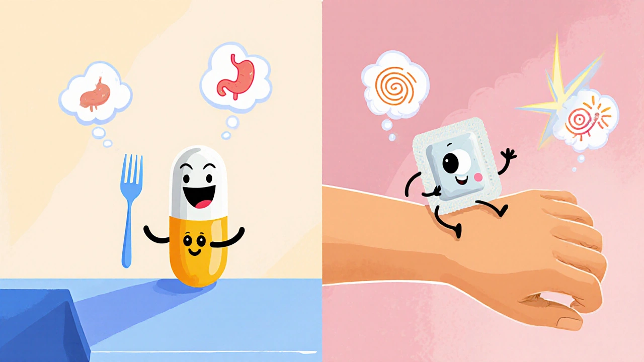 Cute capsule and patch characters showing medication options and side effects.