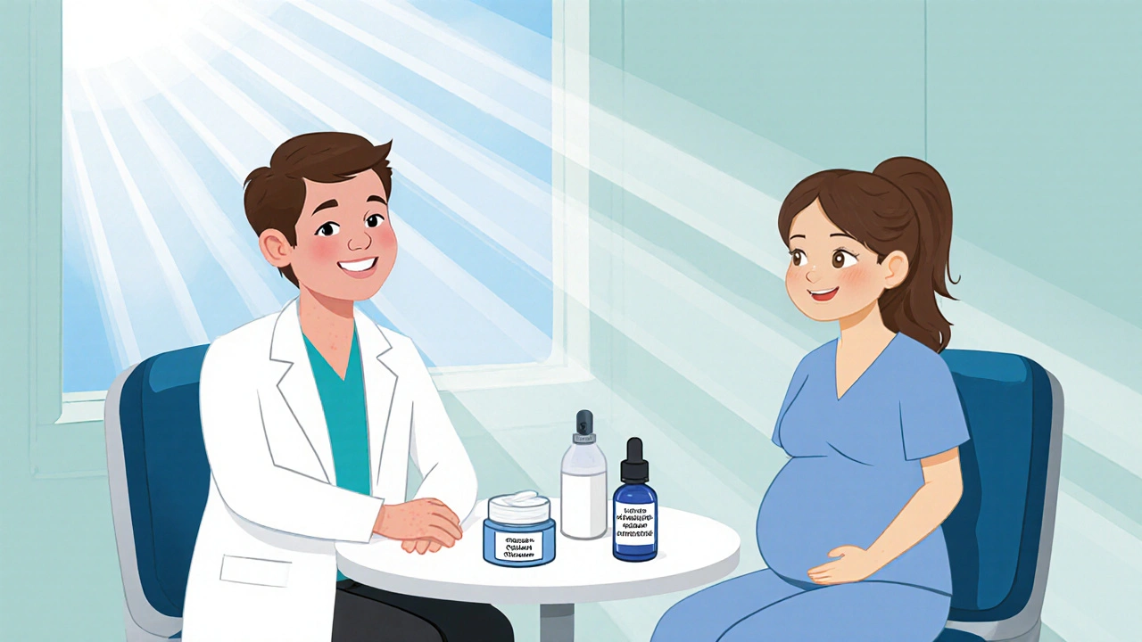 Doctor and obstetrician discussing treatment options with a pregnant woman in a sunny clinic.