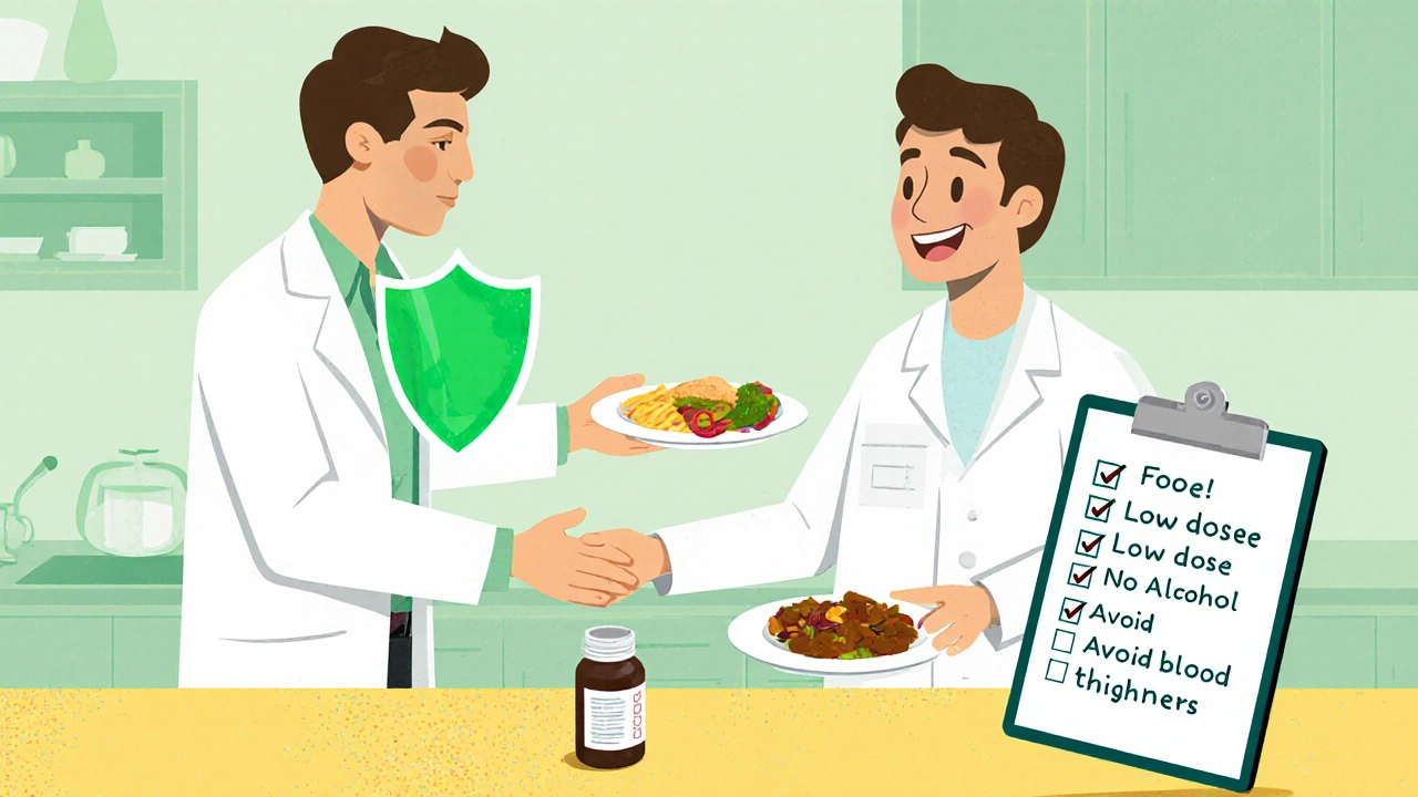 Doctor gives patient food, pill, and PPI bottle with checklist and protective shield in a retro cartoon.