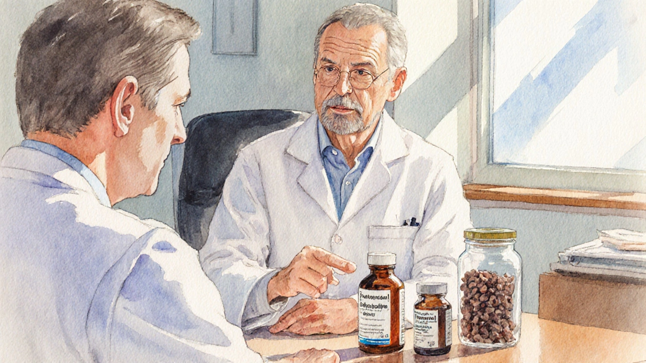 Doctor showing dutasteride, tamsulosin, and saw palmetto options to a patient.
