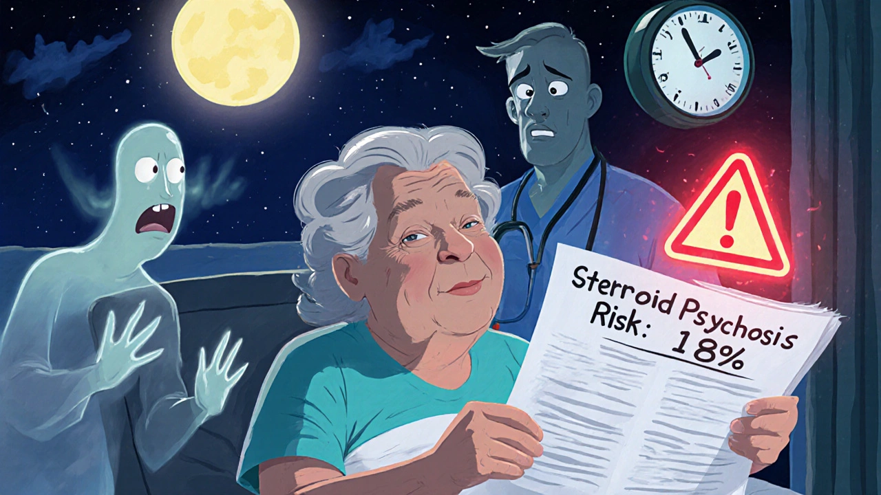 Elderly woman in hospital with ghostly voices and a warning chart glowing beside her.