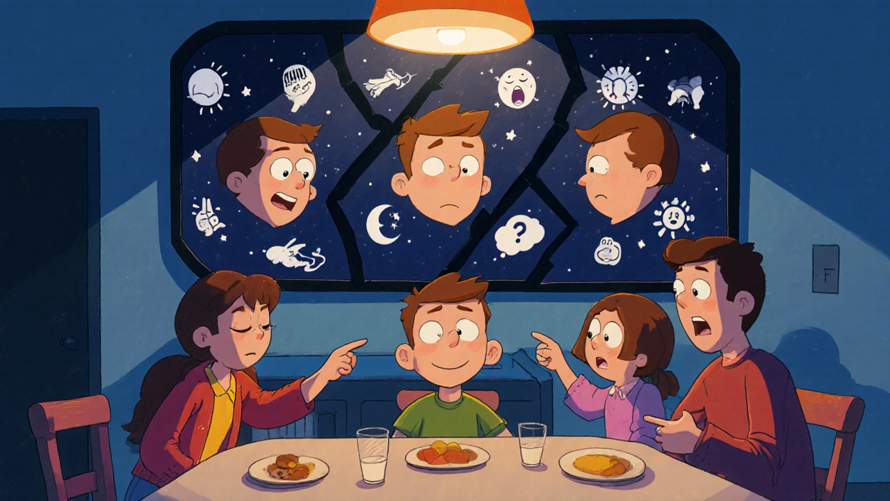 Family at kitchen table as one member stares blankly, with fractured reflections showing mental states.