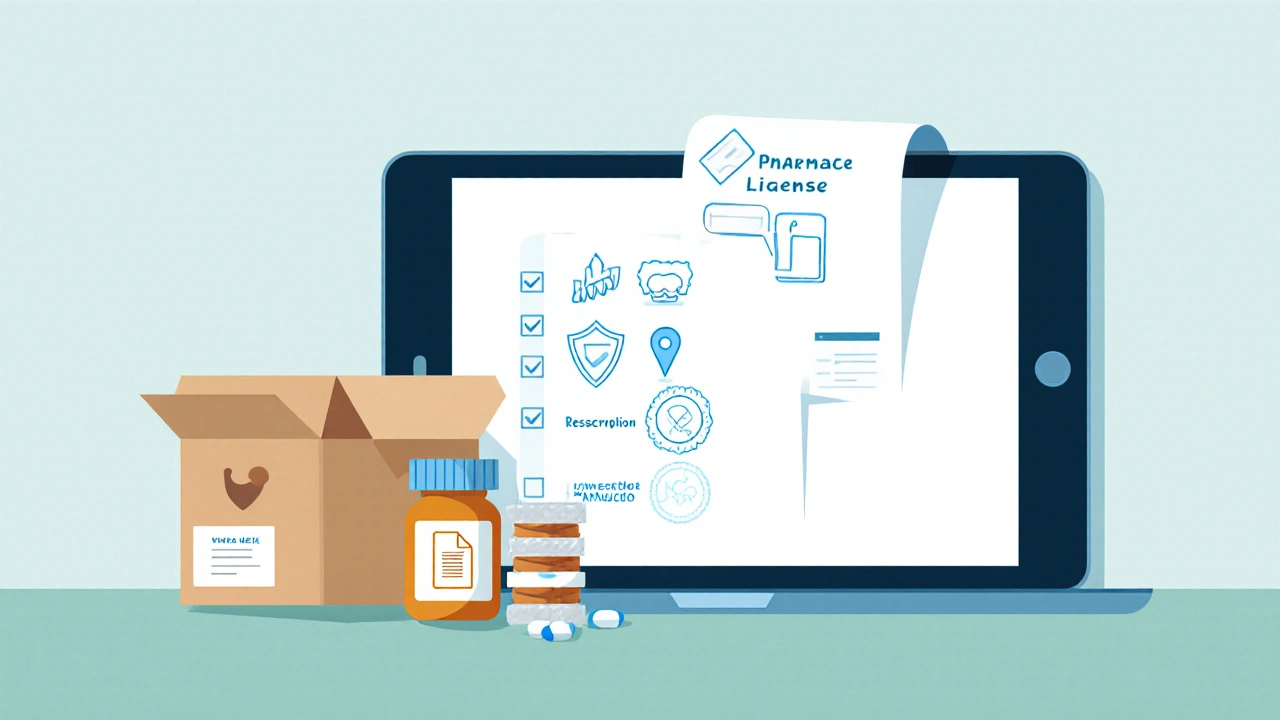 Flat illustration of a checklist with icons for SSL, licence, address, and prescription upload.