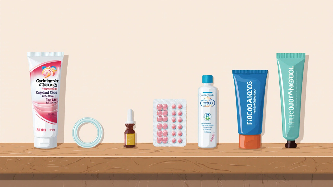 Flat illustration of assorted yeast infection treatments arranged on a countertop.
