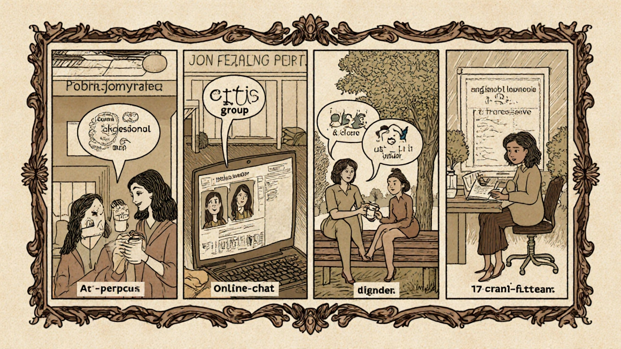 Four cartoon vignettes showing in‑person, online, buddy, and professional peer‑support formats.