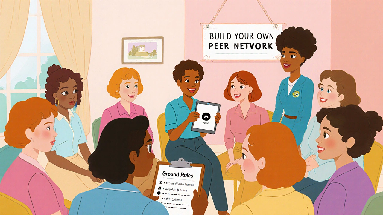 Group of women in a circle with a health worker, clipboard, and tablet, illustrating building a support network.