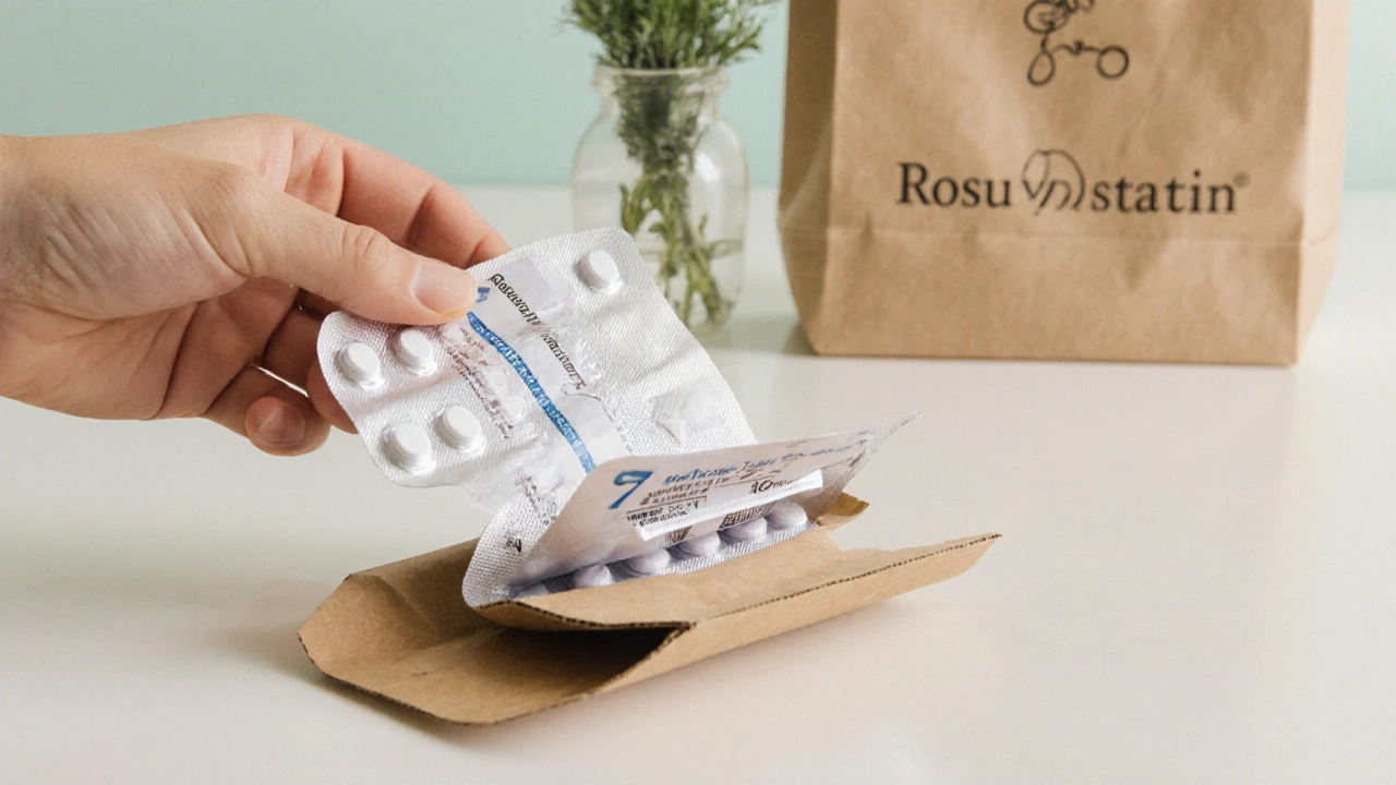 Hand opening a parcel revealing a blister pack of rosuvastatin tablets on a kitchen counter.