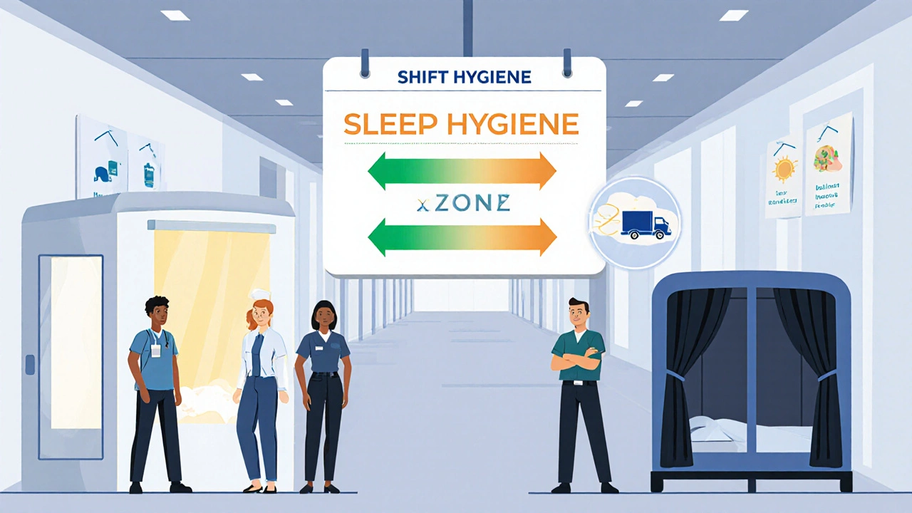 Illustration of employees near light stations and rest pods with a forward‑rotating shift schedule.