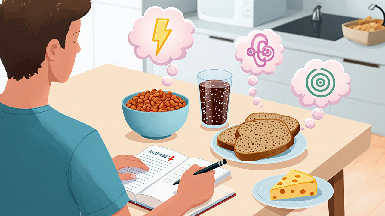 Kitchen scene with common bloating foods and a person writing in a food diary.
