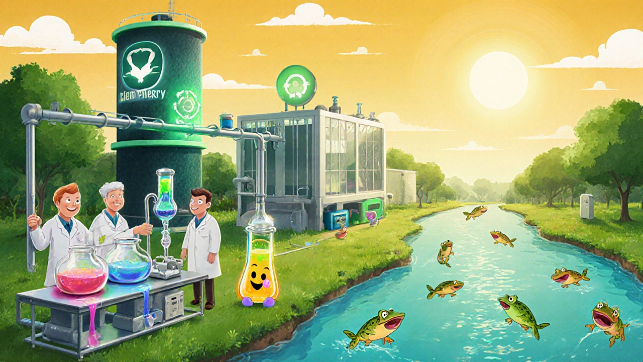 Laboratory using green chemistry and clean wastewater treatment, with a healthy river full of happy wildlife.