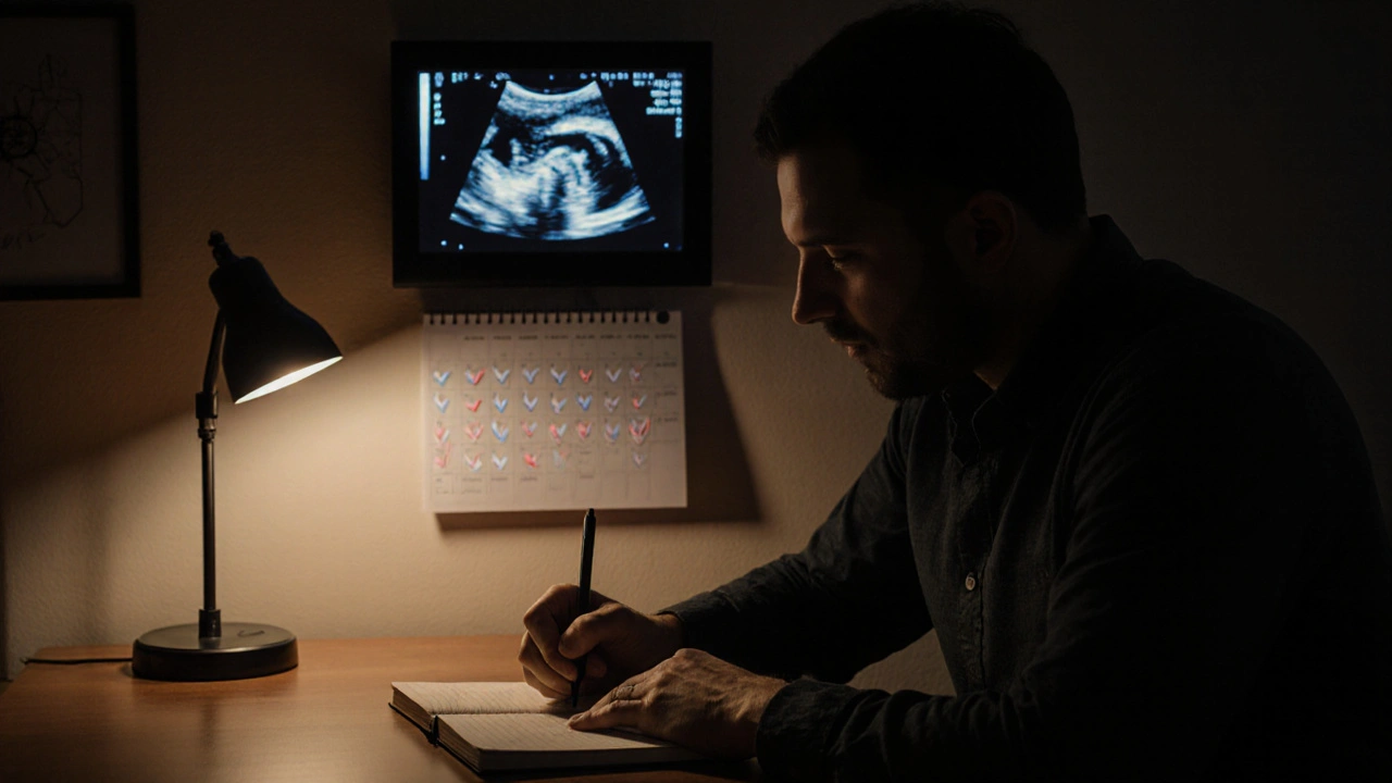 Man tracking symptoms at home with a calendar and ultrasound image in the background.