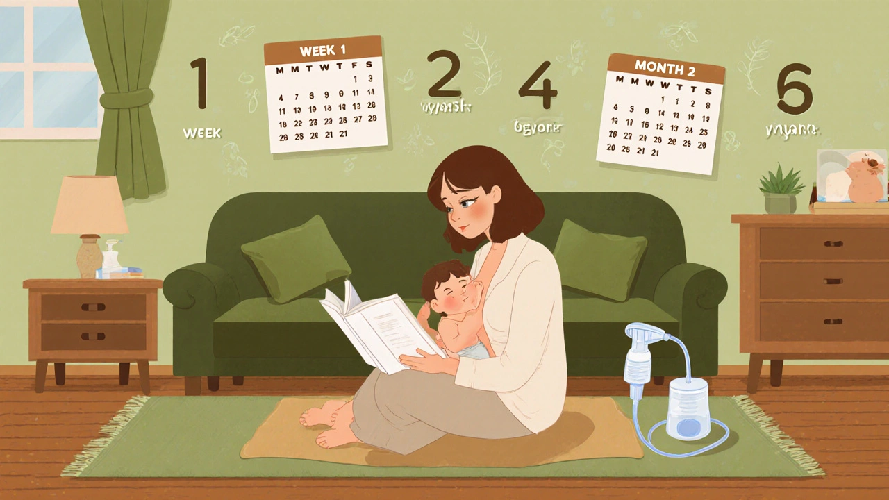 Mother nursing older baby near a calendar showing breastfeeding milestones.