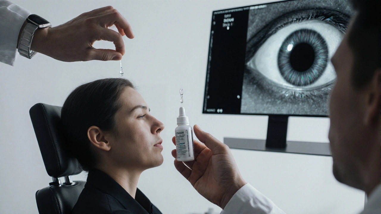 Ophthalmologist examining a healed LASIK eye with OCT monitor showing clear cornea.