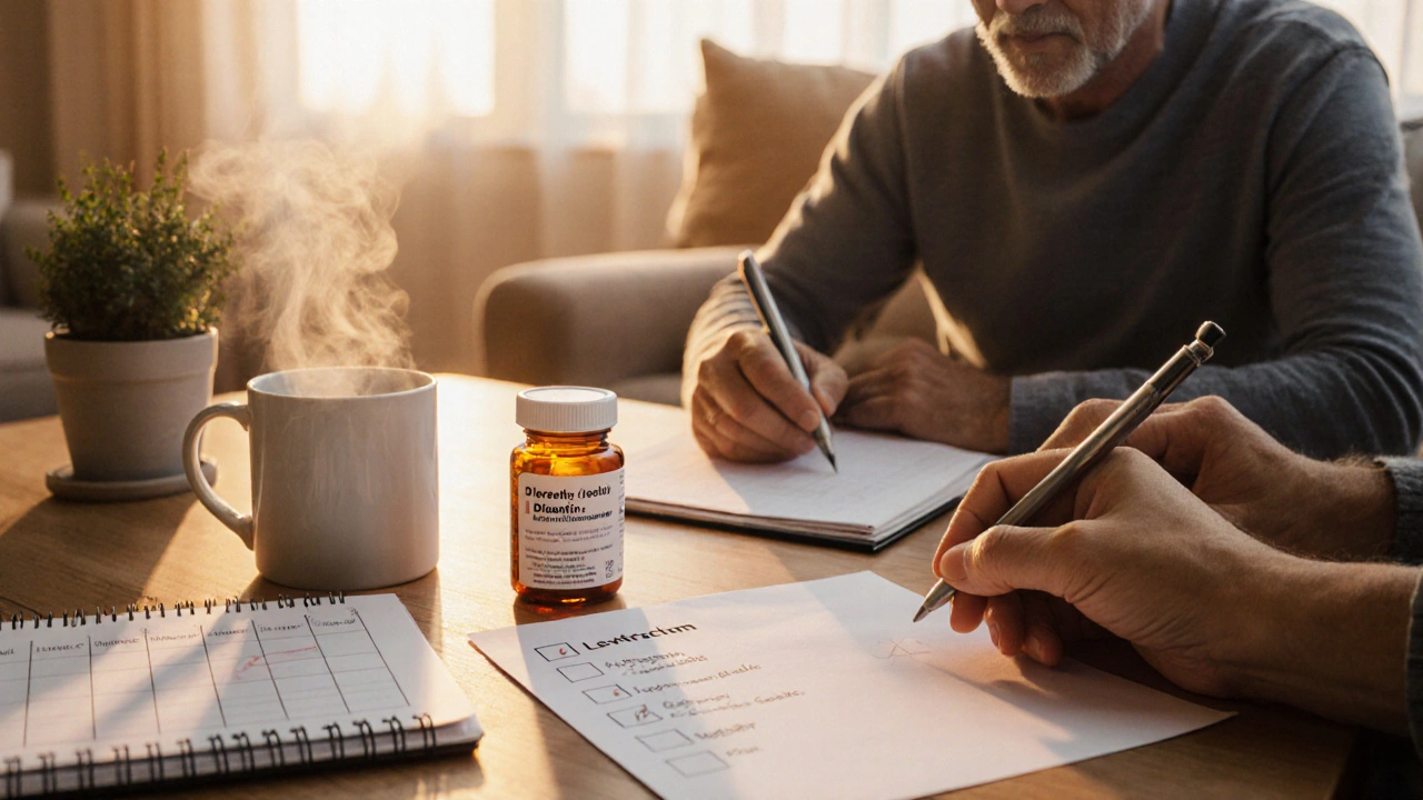 Patient and neurologist reviewing a checklist with Dilantin and levetiracetam bottles on a table.