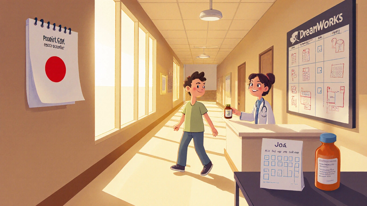 Patient receiving prescription, diary, and follow‑up reminder after doctor visit.