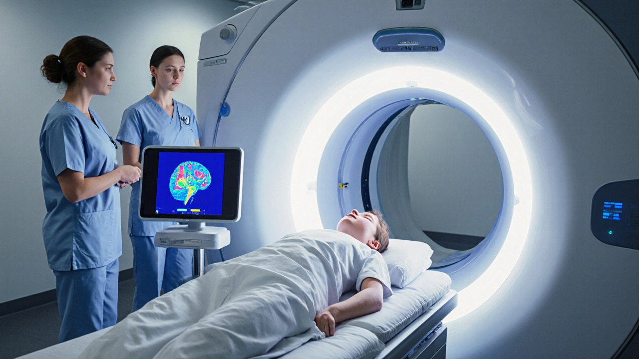 Patient receiving whole‑brain radiation in a modern IMRT treatment room.