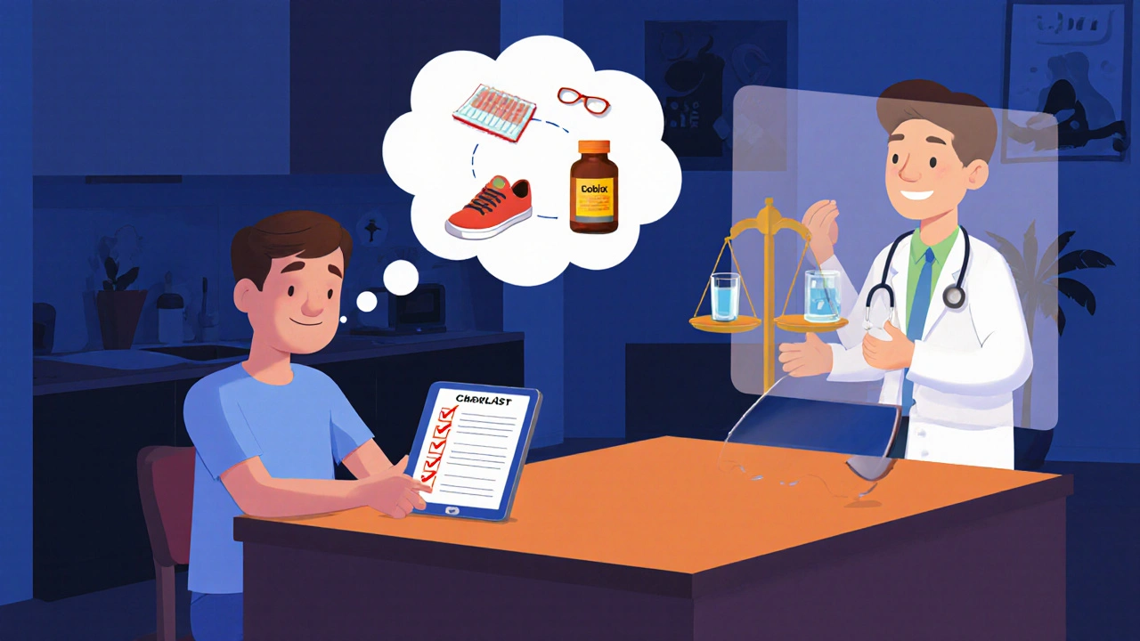Patient reviewing pill options with doctor hologram, scale showing meds vs lifestyle.