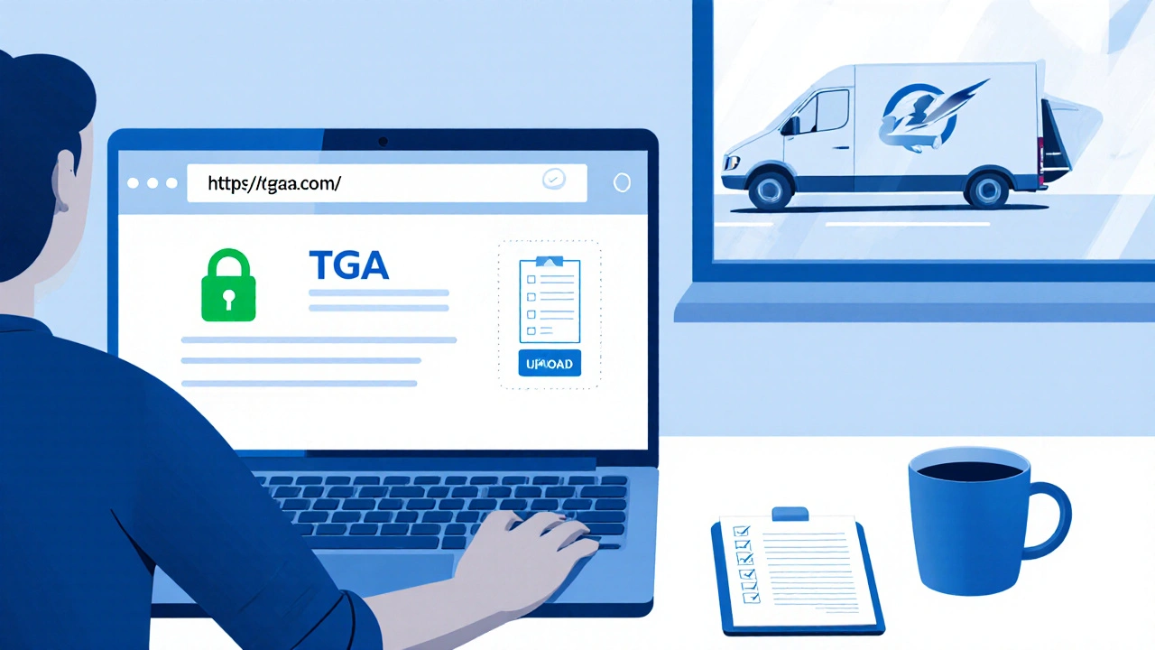 Person at desk using a laptop with secure https, TGA seal, and delivery van outside window.