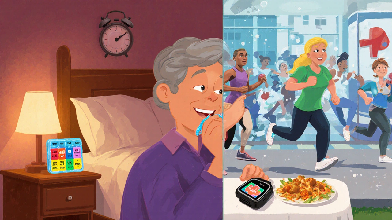 Person follows daily pill reminder, exercise, and low‑salt diet, showing adherence benefits.