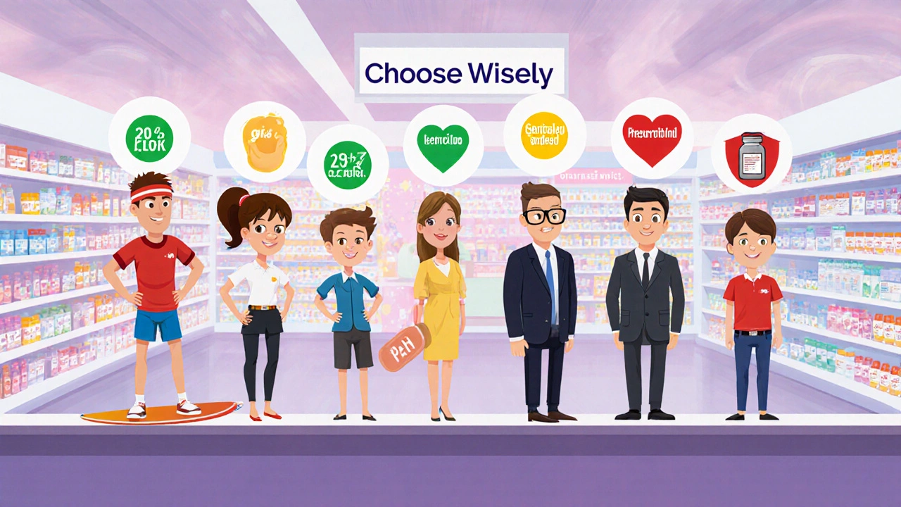 Personified pain relievers on pharmacy shelf with icons for GI and heart risks.