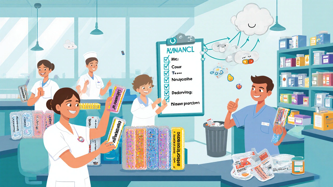Pharmacy staff assemble colorful unit-dose blister packs while discarded pills fade away as clouds.