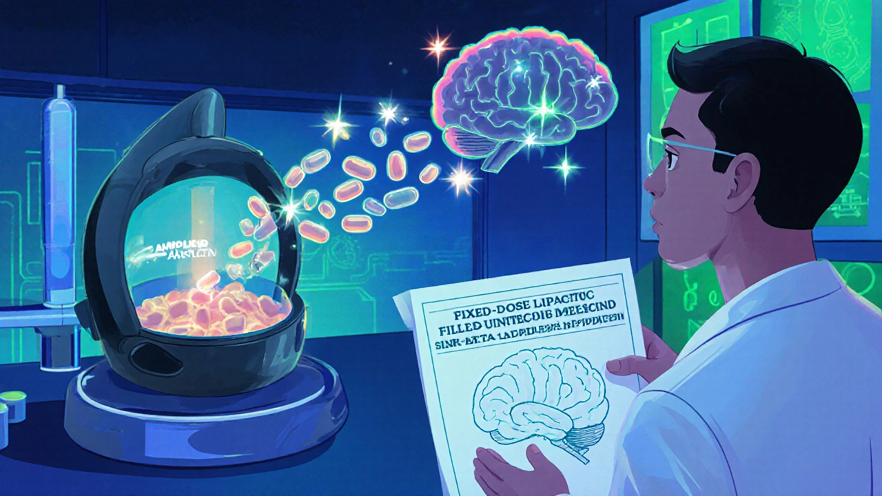 Research lab showing nanocarrier delivering ampillin liposomes to a brain model.
