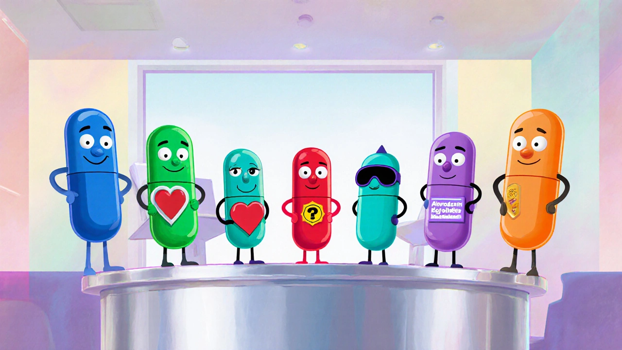 Six colorful pill characters representing different alpha‑blockers stand together, each showing their unique traits.