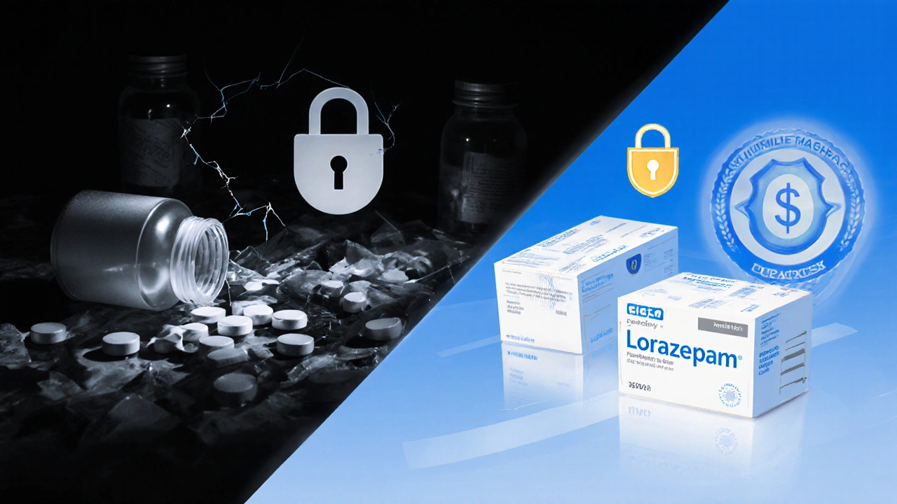 Split illustration showing risky counterfeit pharmacy versus safe verified pharmacy.