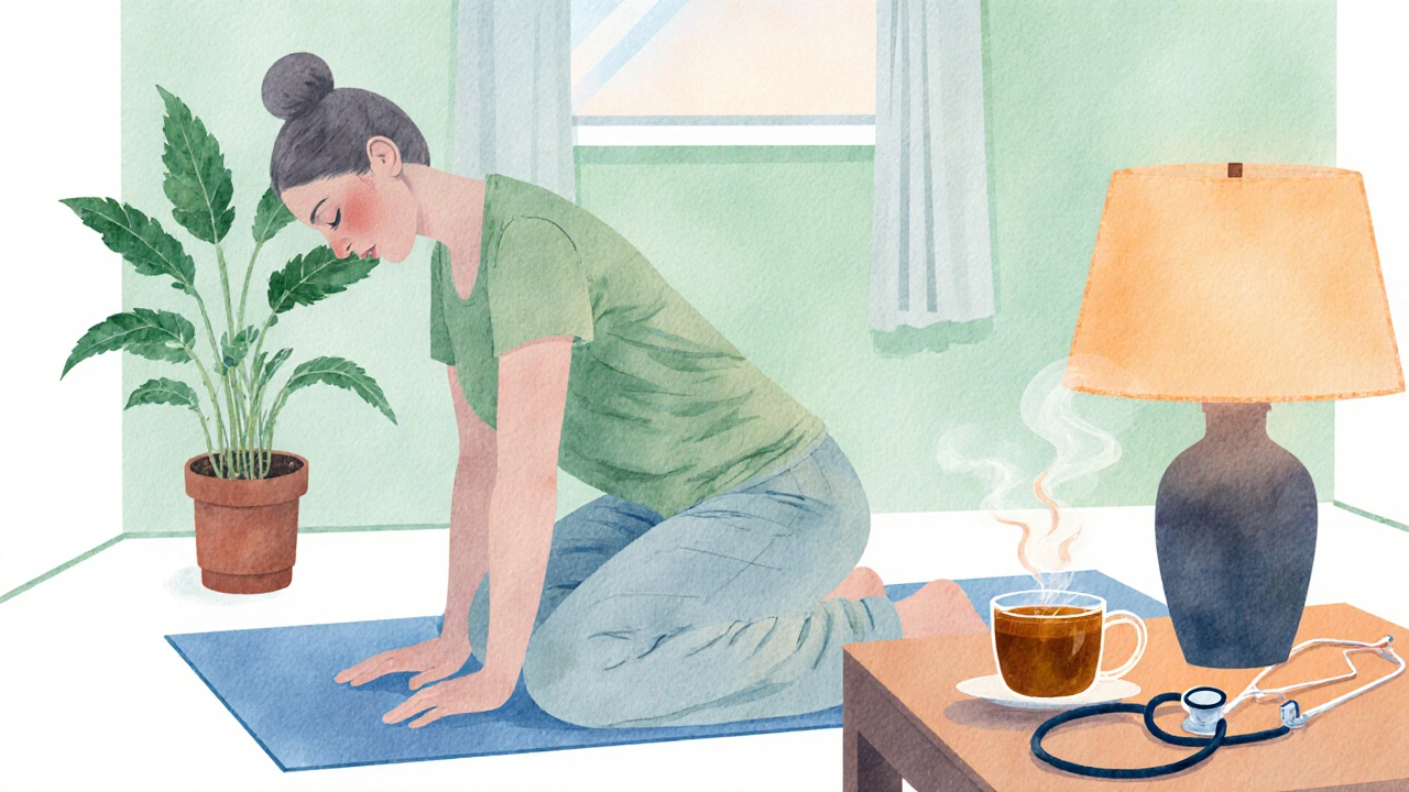 Watercolor of a person doing gentle yoga at home with tea and a hint of medical care.