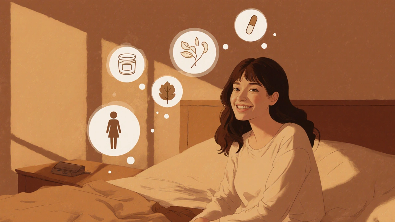 Woman on bed with thought bubbles showing cream, pill, pregnancy, and probiotic icons.