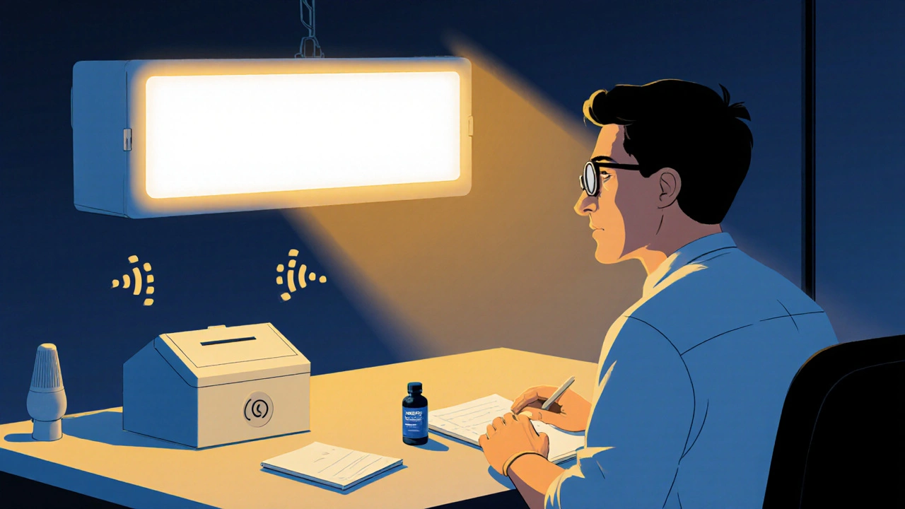 Worker using a bright‑light box and blue‑blocking glasses, with melatonin pills on the desk.