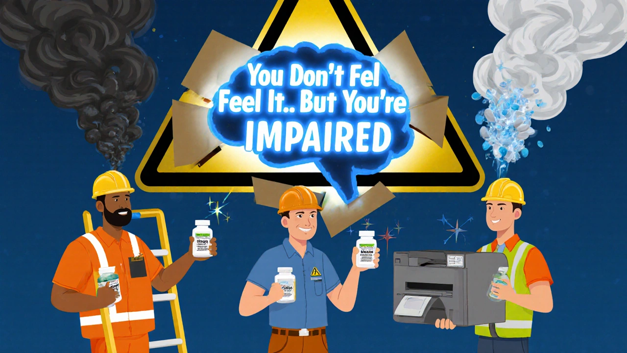 Workers holding allergy pills, with dark smoke vs. bright light above their heads representing impairment vs. safety.