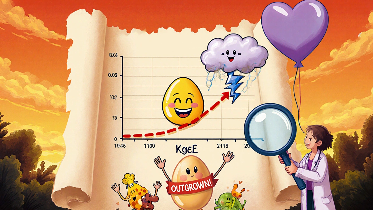 A child&#039;s IgE levels rise over time as an egg turns into a thundercloud, then pops with &#039;OUTGROWN!&#039;