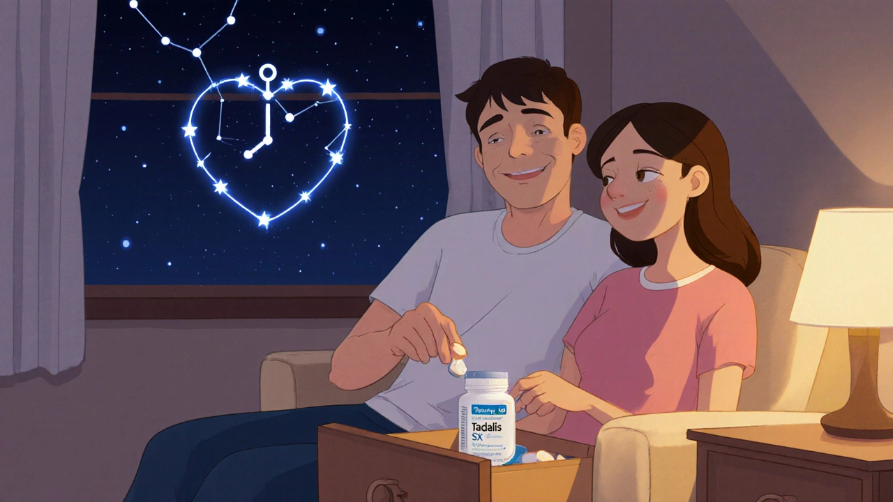 A couple on a couch at night with a daily pill and heart-clock constellation outside.
