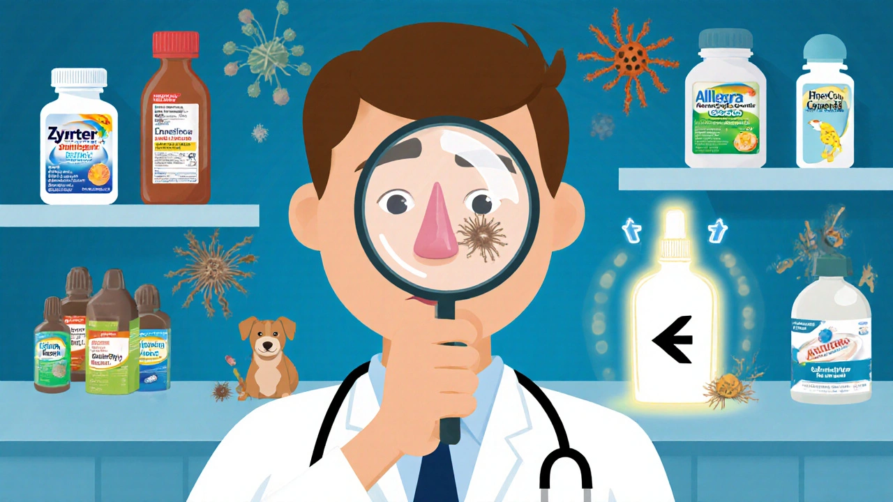 A doctor uses a magnifying glass to reveal hidden allergens around a patient&#039;s nose, with antihistamine bottles shrinking and a nasal spray glowing brightly.
