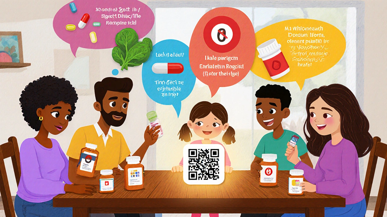 A family with pill bottles, each surrounded by animated warning symbols and a glowing QR code.