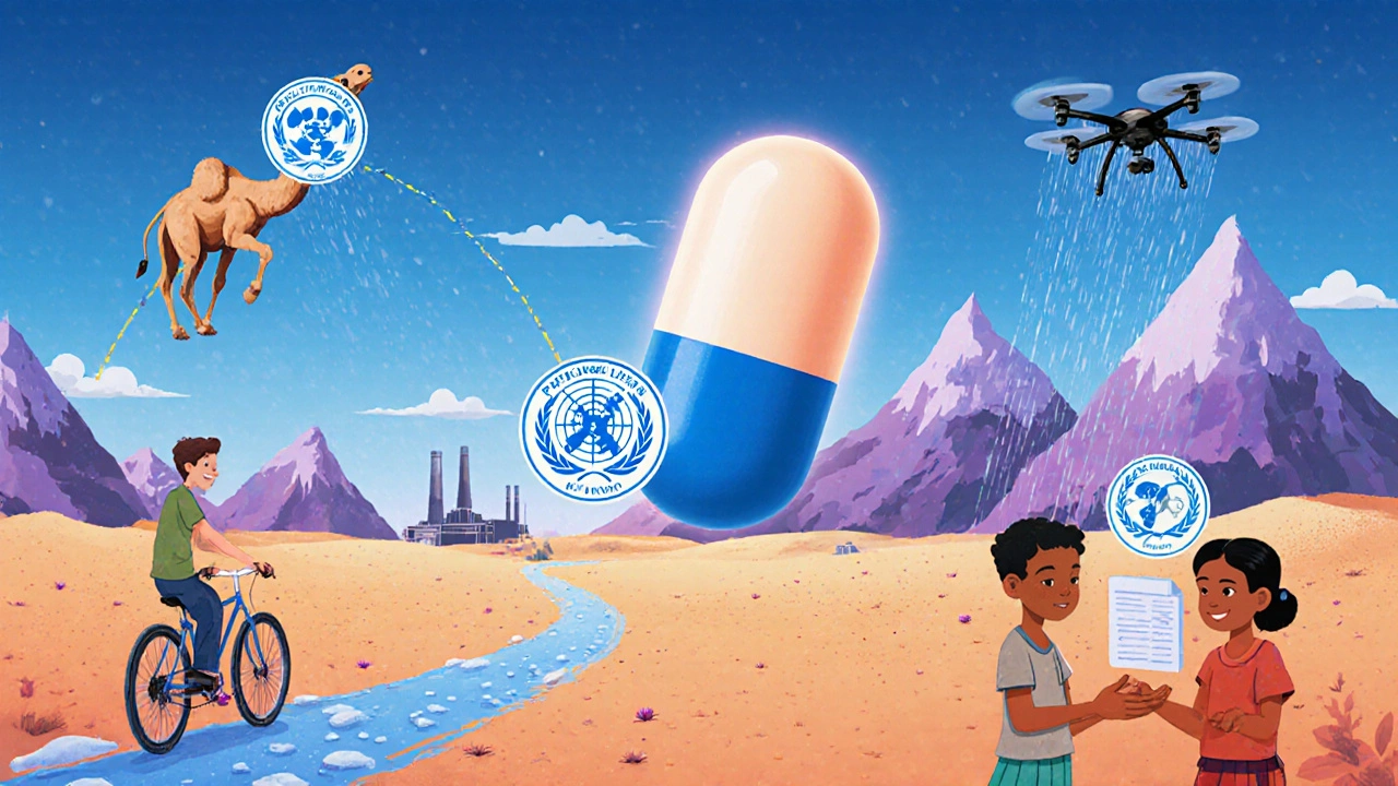 A generic medicine tablet traveling across surreal global landscapes to reach a child in a village clinic.