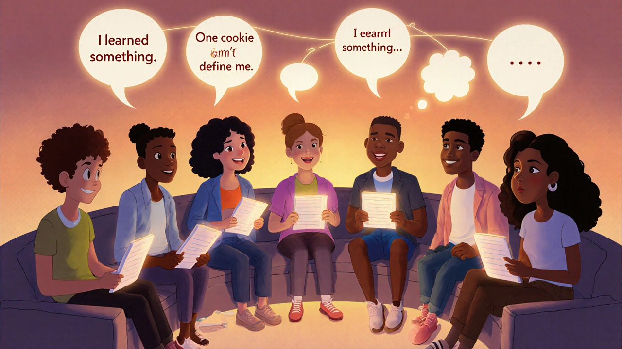 A group of people in therapy sharing thought journals, connected by glowing positive affirmations.