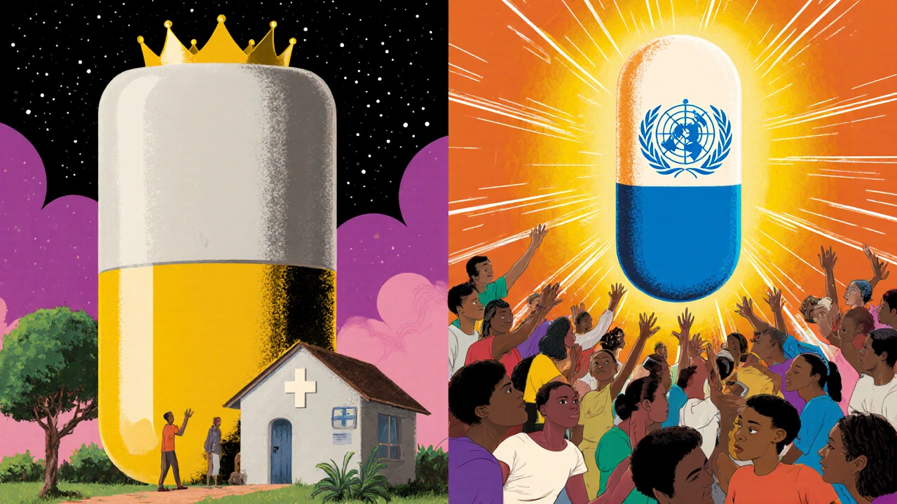 A humble generic pill with a WHO shield lifting patients from poverty shadows into sunlight.