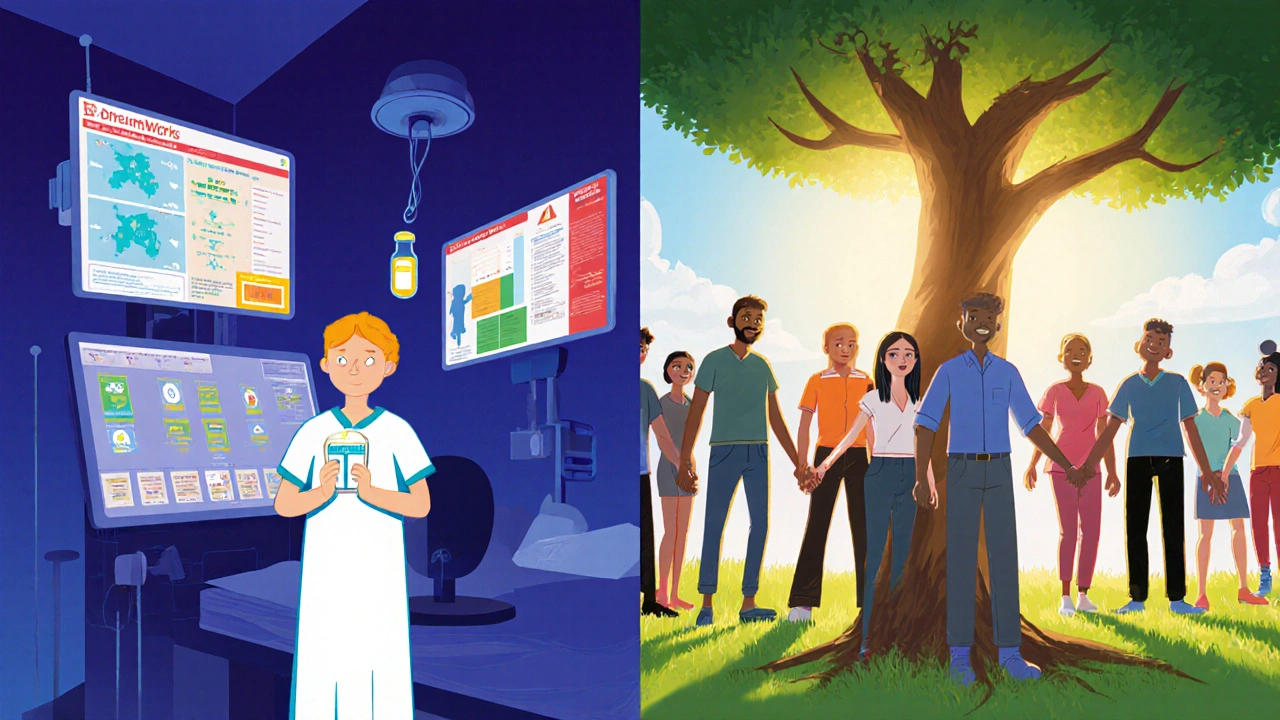 A patient receiving experimental treatment in Phase I, later thriving cancer-free with others behind them.