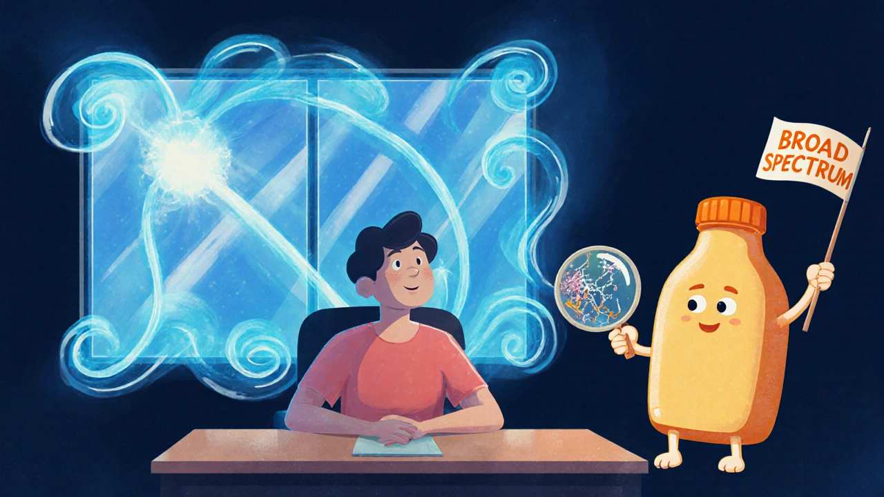 A person at a desk with invisible UVA rays streaming through a window, while a friendly sunscreen bottle urges protection.